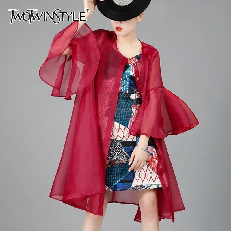 TWOTWINSTYLE летний Повседневный однотонный тренч для женщин круглый вырез оборки