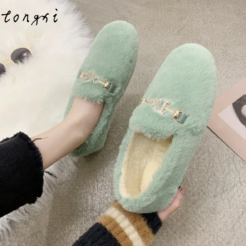 Tongxi/Роскошные блестящие женские плюшевые удобные лоферы на плоской платформе