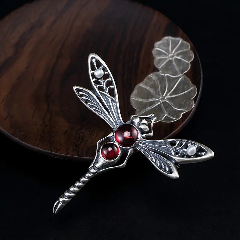 Retro Real 925 Sterling Silver Garnet Dragonfly Pearl Brooch For Women Thai Handmade Vintage Jewelry Flyleaf | Украшения и