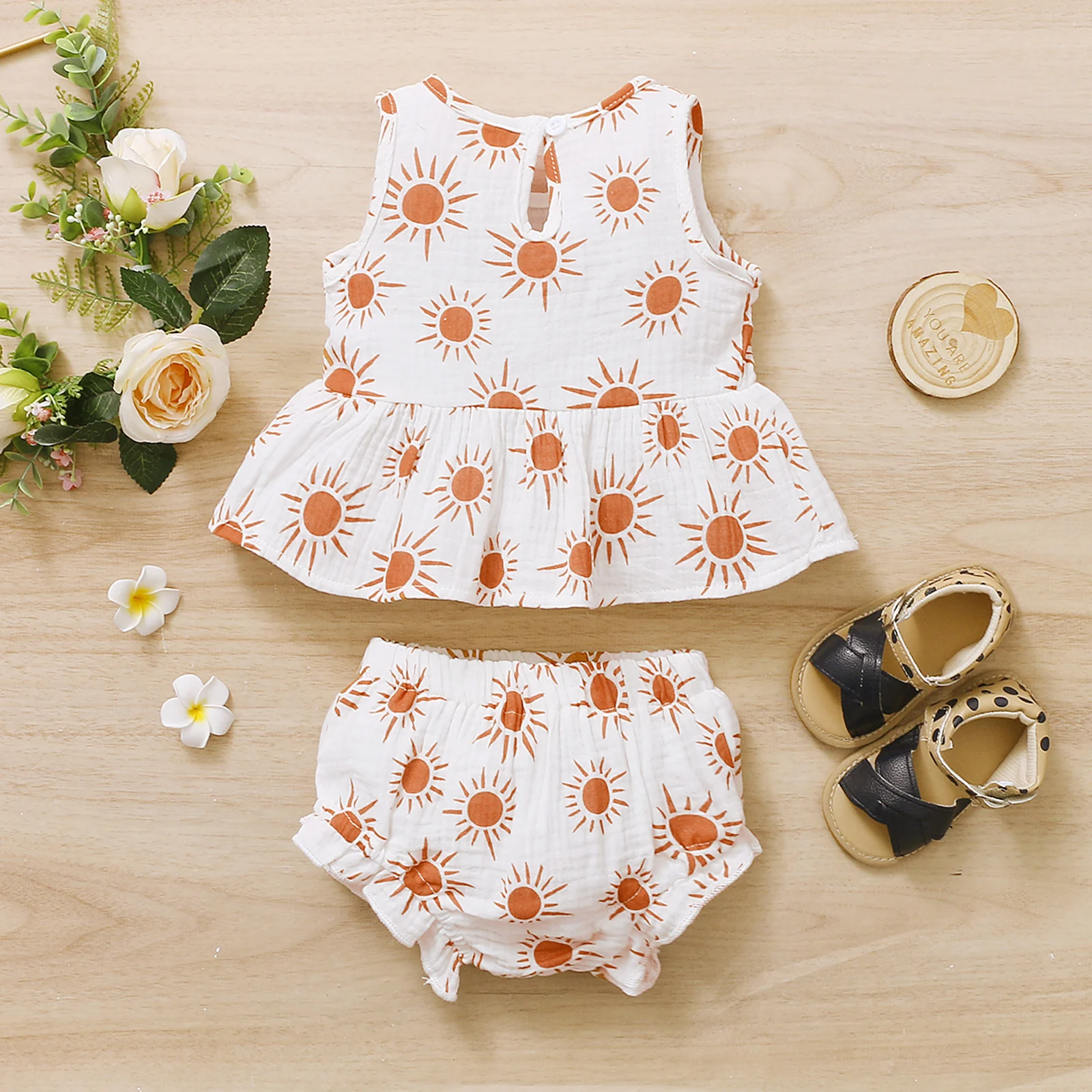 

2021 New Summer 0-18M Baby Girl Daisy/Sun Print 2Pcs Set Ruffled Sleeveless Top+Shorts Infant Newborn Pink/White Toddler Clothes