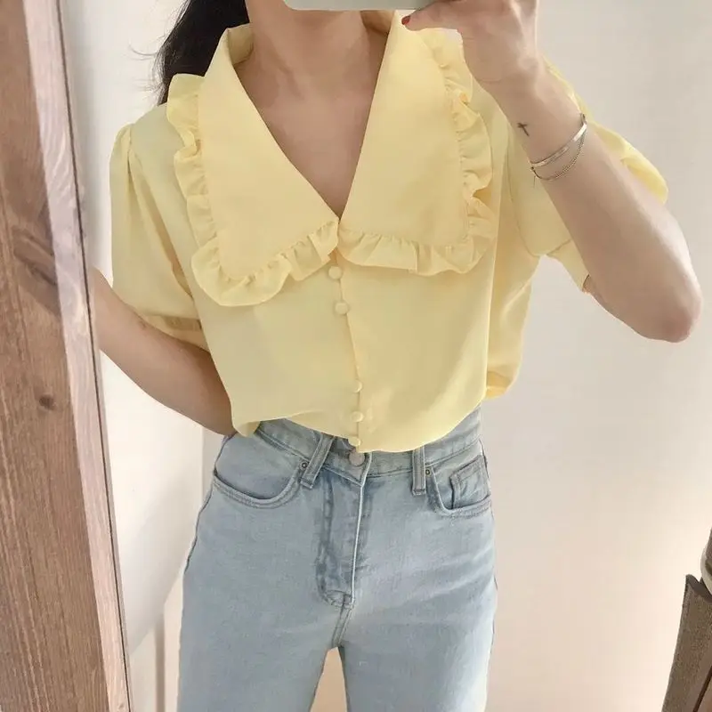 

Sweet Short White Chiffon Blouse Women Ruffled Slim Women Shirt Tops Korean Chic Puff Sleeve Womens Blouses Blusas Mujer 10196