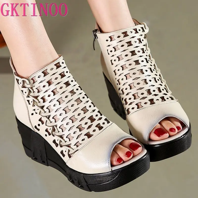 

GKTINOO Retro Women Sandals 2022 Wedge Platform Gladiator Sandals For Women Summer Shoes Genuine leather High Heel Sandal Female