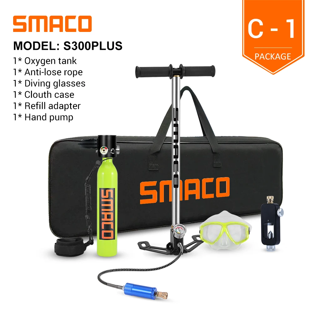 SMACO S300Plus Mini Scuba Diving Tank Equipment, Cylinder with 10 Minutes Capability, 0.5 Litre Capacity with Refillable Design