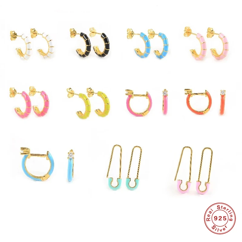 

Aide 925 Sterling Silver Cute Candy Color Blue Pink Orange Enamel Hoop Earrings For Women Safety Pin Shape Huggie Earring Jewel