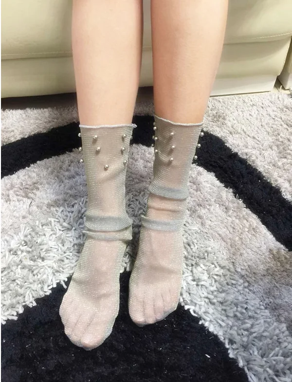 

Women Socks Transparent Glitter Crystal Silk Lace Elastic Short Ankle Socks Elegant Ladies Rhinestone Sock See Through Mesh Sock