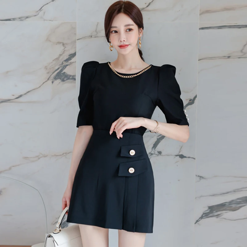 Retro Puff Sleeve Tops Casual Korean Women Pleated Button High Waist Mini Skirt Round Neck T-shirt Black Streetwear 2 Pieces Set