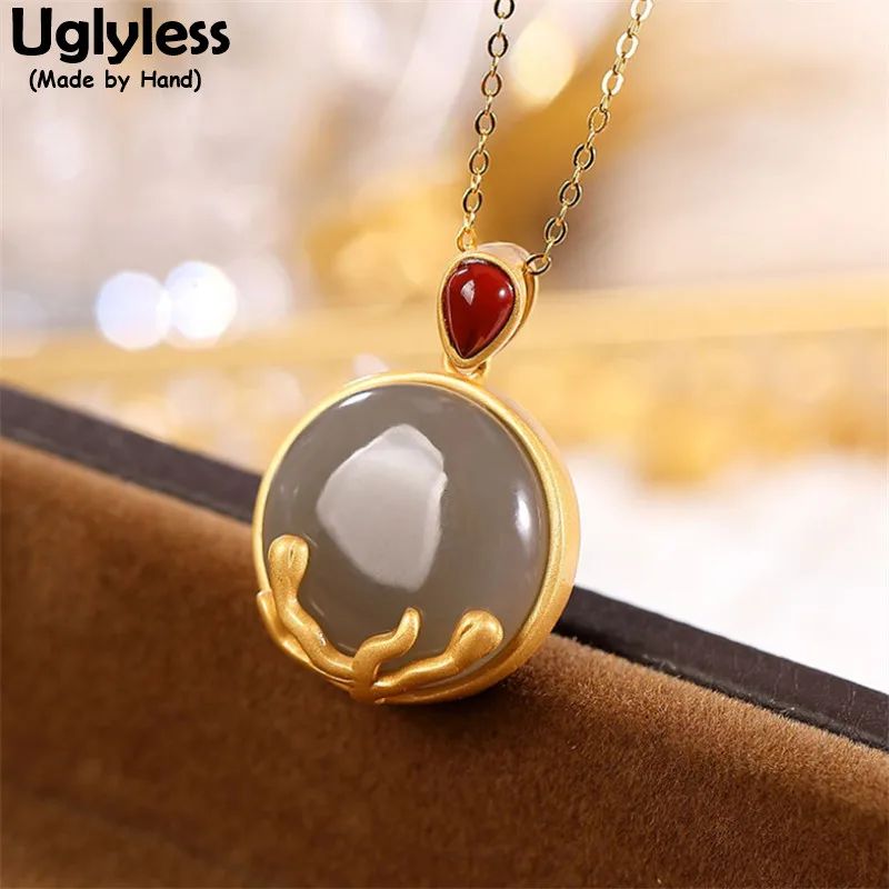 

Uglyless Sprouting Vines Necklaces for Women Natural Agate Jade Pendants with Chains 925 Silver Jewelry Round Gemstones Necklace