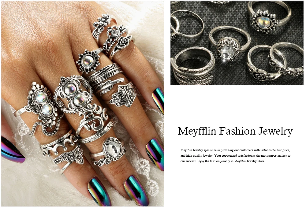 Meyfflin, 4 стиля, богемные кольца, набор, Винтаж, серебряный цвет, перо, корона, кольца на кончик пальца для женщин, ювелирные изделия, панк, палец, Bague Femme