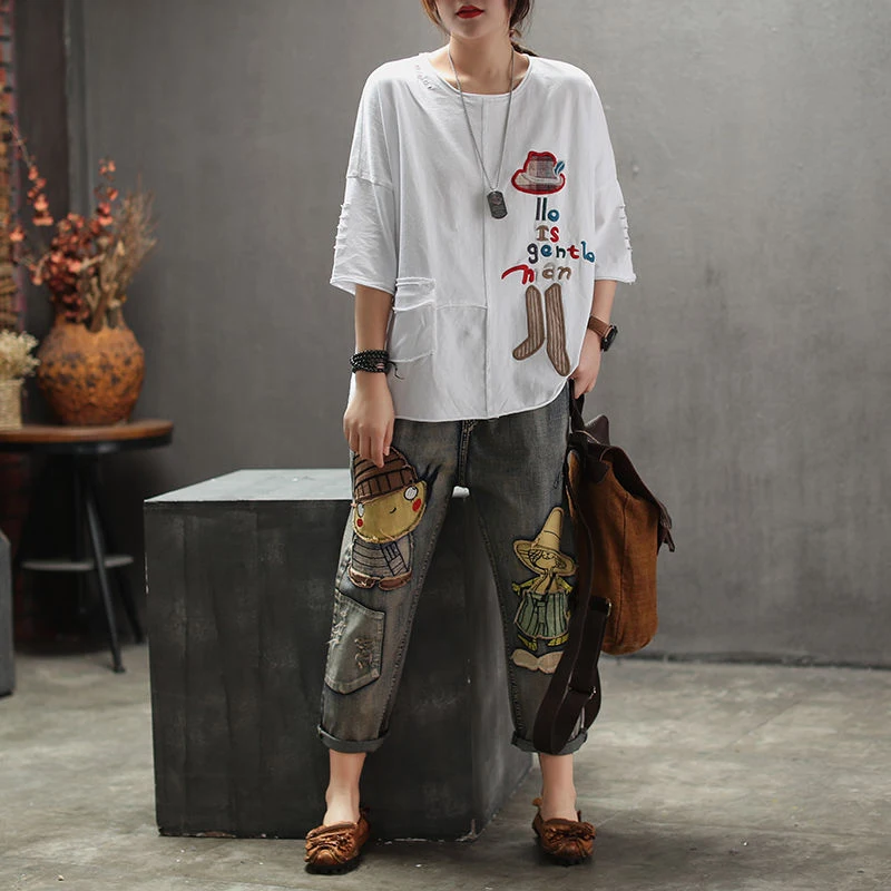 Женские хлопковые джинсы с эластичной талией лоскутные шаровары в стиле ретро