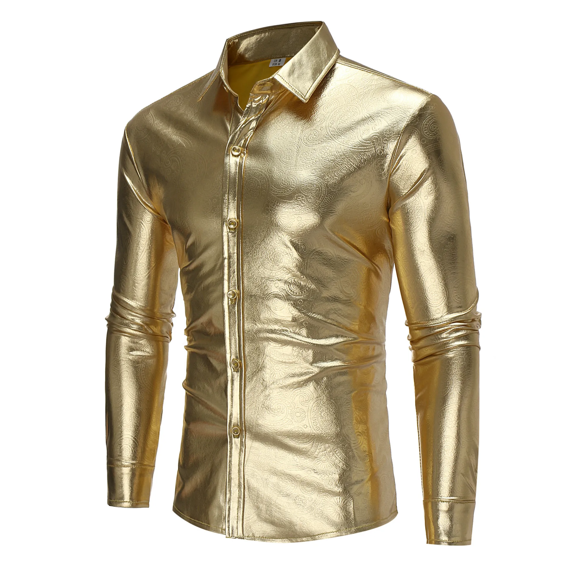 Winter Autumn Men Leather Shirt Nightclub Coated Metallic Silver Gold Black Men Shirt Long Sleeve Button Down Camisa  S-XXL