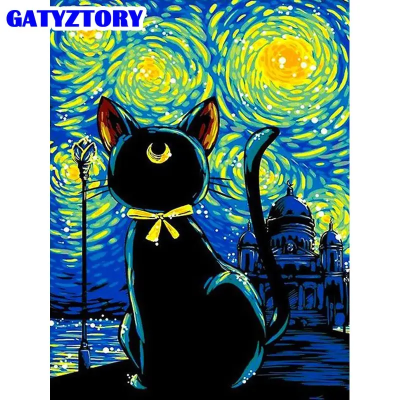 

GATYZTORY Painting By Number Black Cat Animal Handpainted Painting Art Gift Diy Pictures By Numbers Starry Landscape Kits Home D