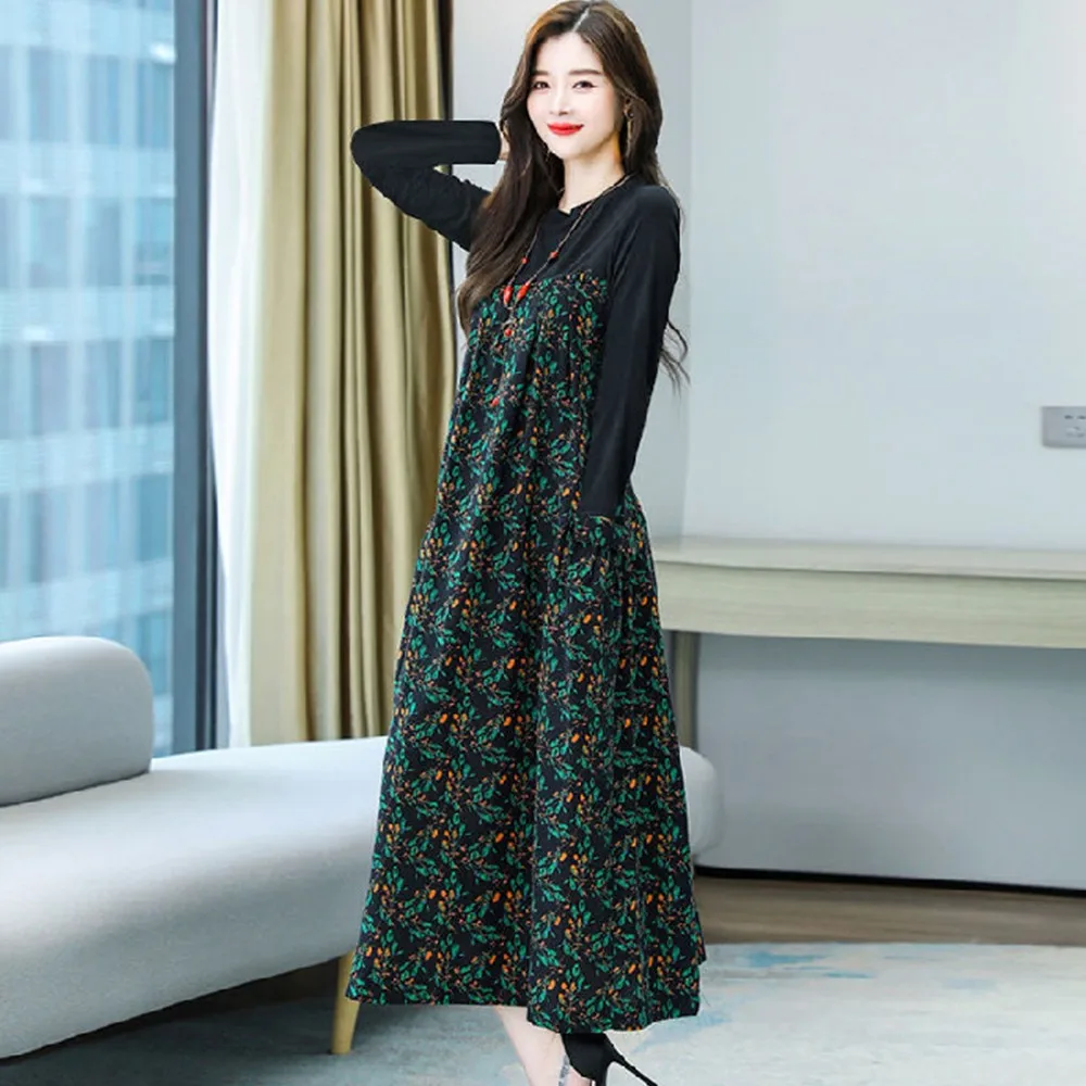 

Women Retro Style Loose Thin Fake Two Large-Size Long-Sleeved Floral Dresses Long Sleeve Plus Size