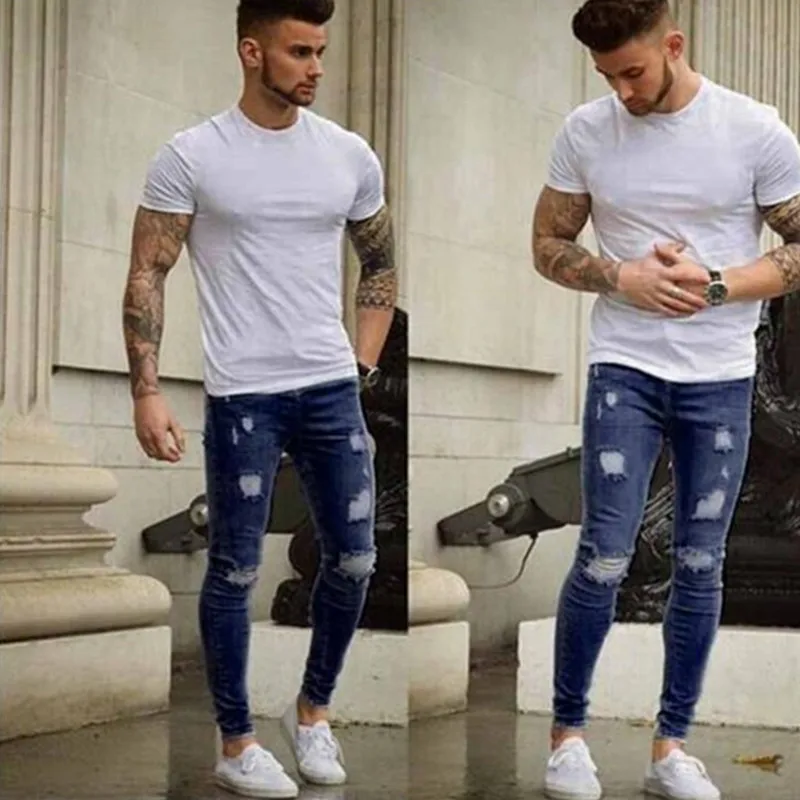 2019 Menswear Solid color Nostalgic Denim Ripped Jeans Slim Stitching Casual Pencil | Мужская одежда