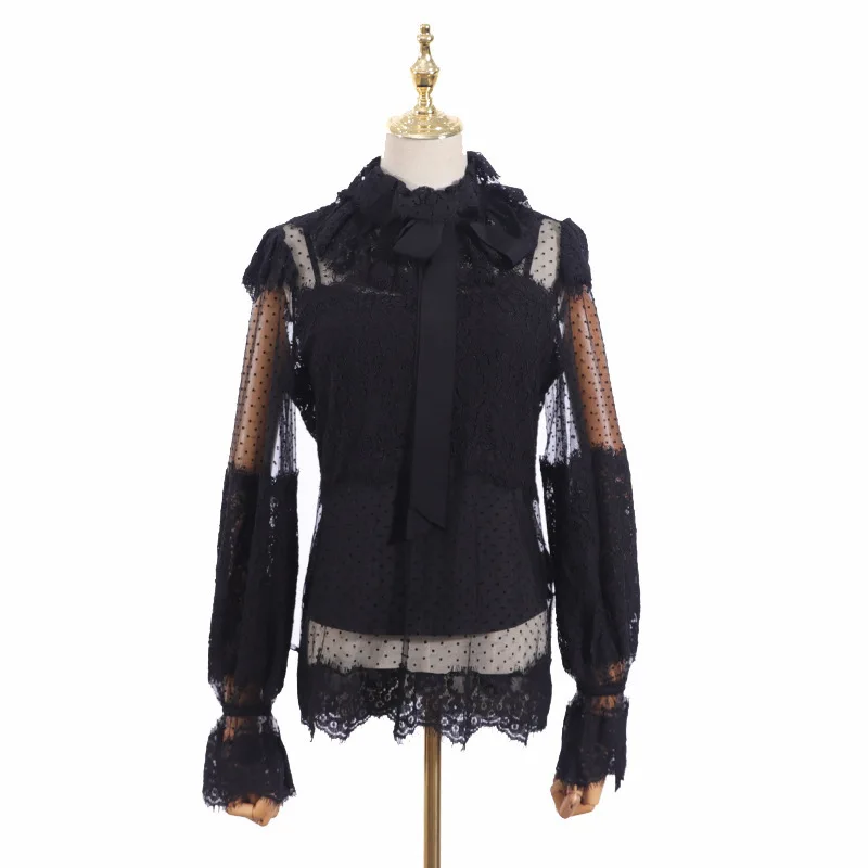 

2piece Spring 2021 New Loose Pullover Korean Chiffon Straight Black Stand Collar Perspective Splicing Women Short Shirt Cc81