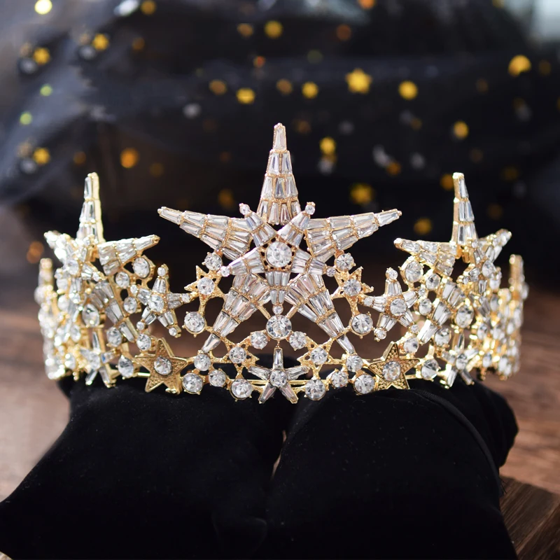 gold white stones HIMSTORY Роскошная трендовая полная кристалльная тиара из горного хрусталя большая корона Свадебная НЕВЕСТЫ королева головной убор Корона шампанское золото волосы Acces - Окраска металла: gold white stones