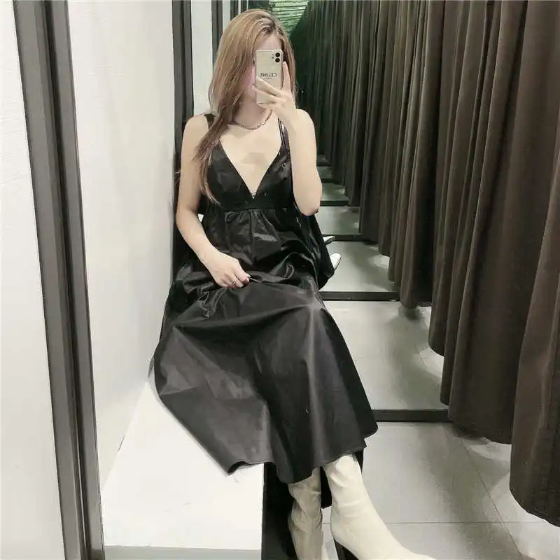 

2021 Dress Women Vintage Black Pleated Summer Dress Sleeveless Straps Backless Sexy Party Dresses Woman Side Zip Midi Vestido