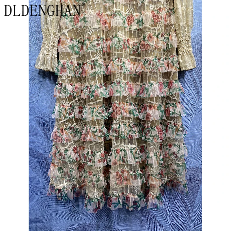 

DLDENGHAN Vintage Floral Print Mesh Dress Women's Elegant Cascading Ruffle Flare Sleeve Party Dresses Designer Autumn New