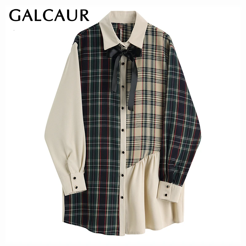 Женское клетчатое платье с отложным воротником бантом и длинным рукавом |