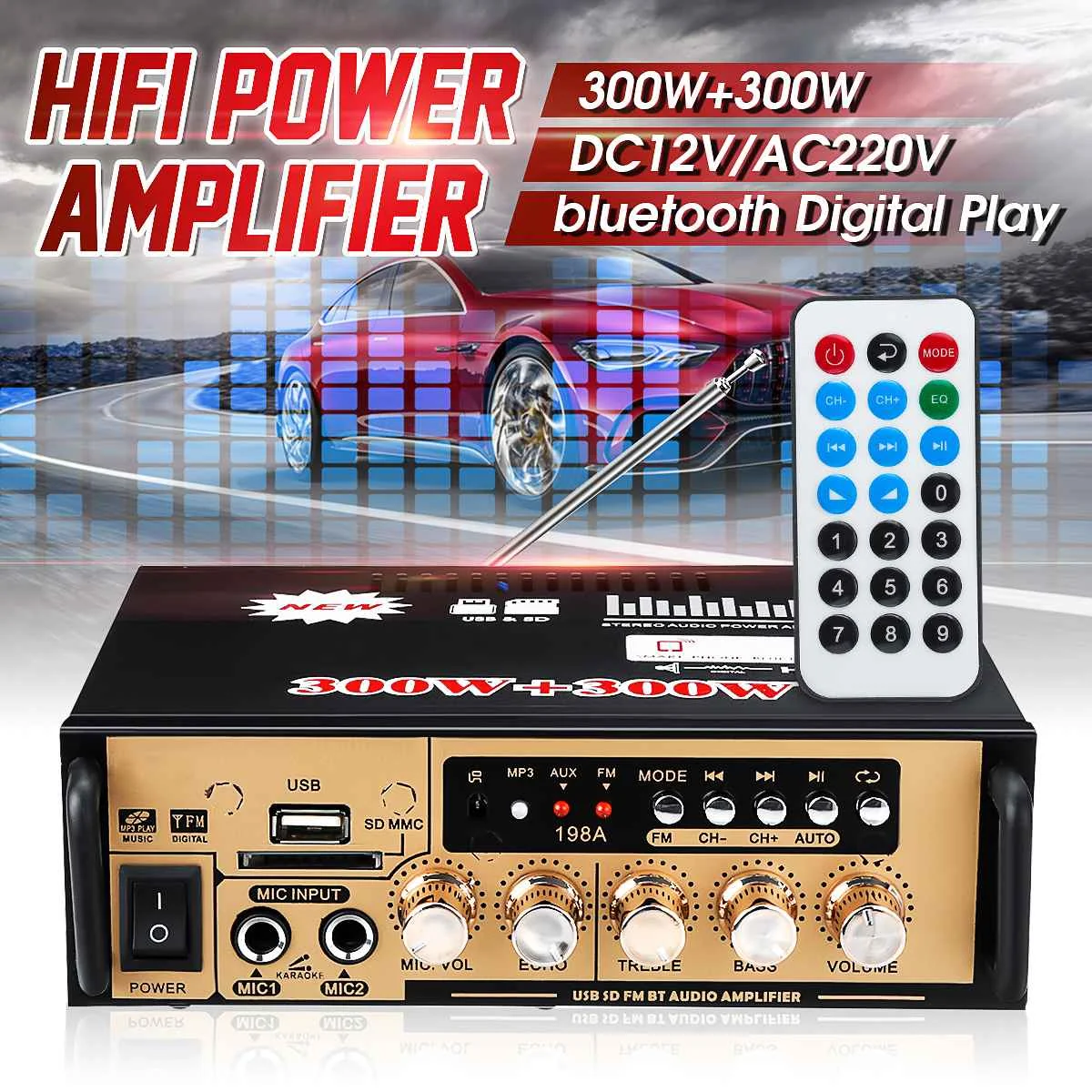 Золотой DC12V/AC220V 600W Автомобильный усилитель bluetooth цифровой аудио усилитель мощности стерео домашний кинотеатр усилители USB FM MP3 плеер