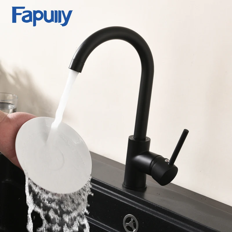 Fapully черный полированный латунный кухонный кран 360 Вращающийся с одной ручкой горячей и холодной кухонной раковины смеситель для раковины