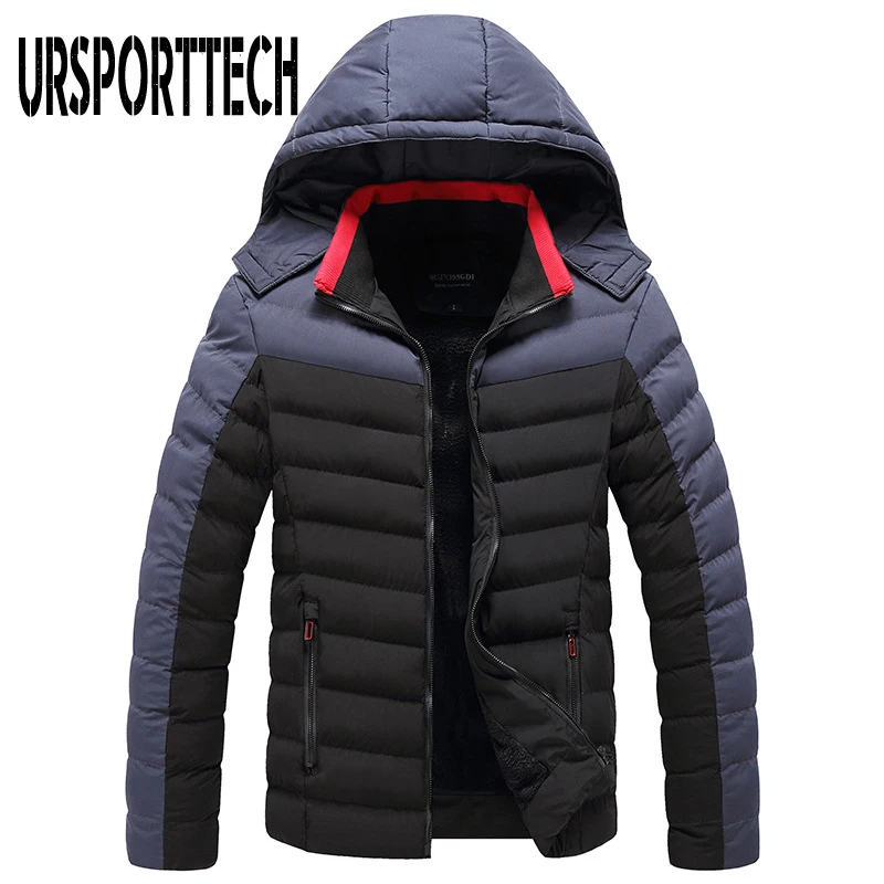 URSPORTTECH Winter Men's Jacket Coats Hooded Parkas New Casual Thick Warm Jackets Coats Men Patchwork Autumn Outwear Windproof