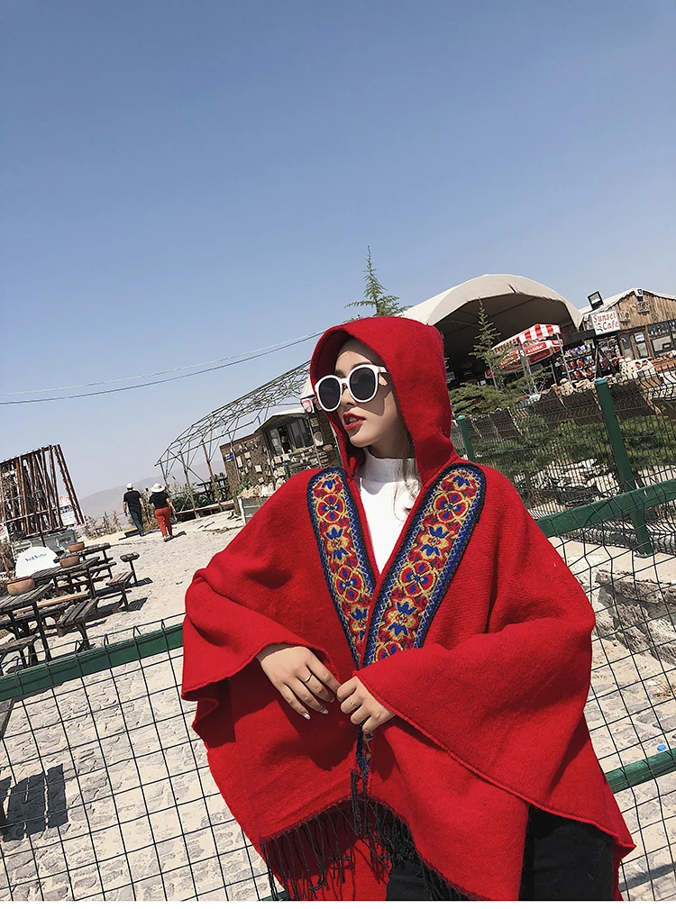 Новая женская красная накидка с капюшоном пончо на осень и зиму вязаный свитер