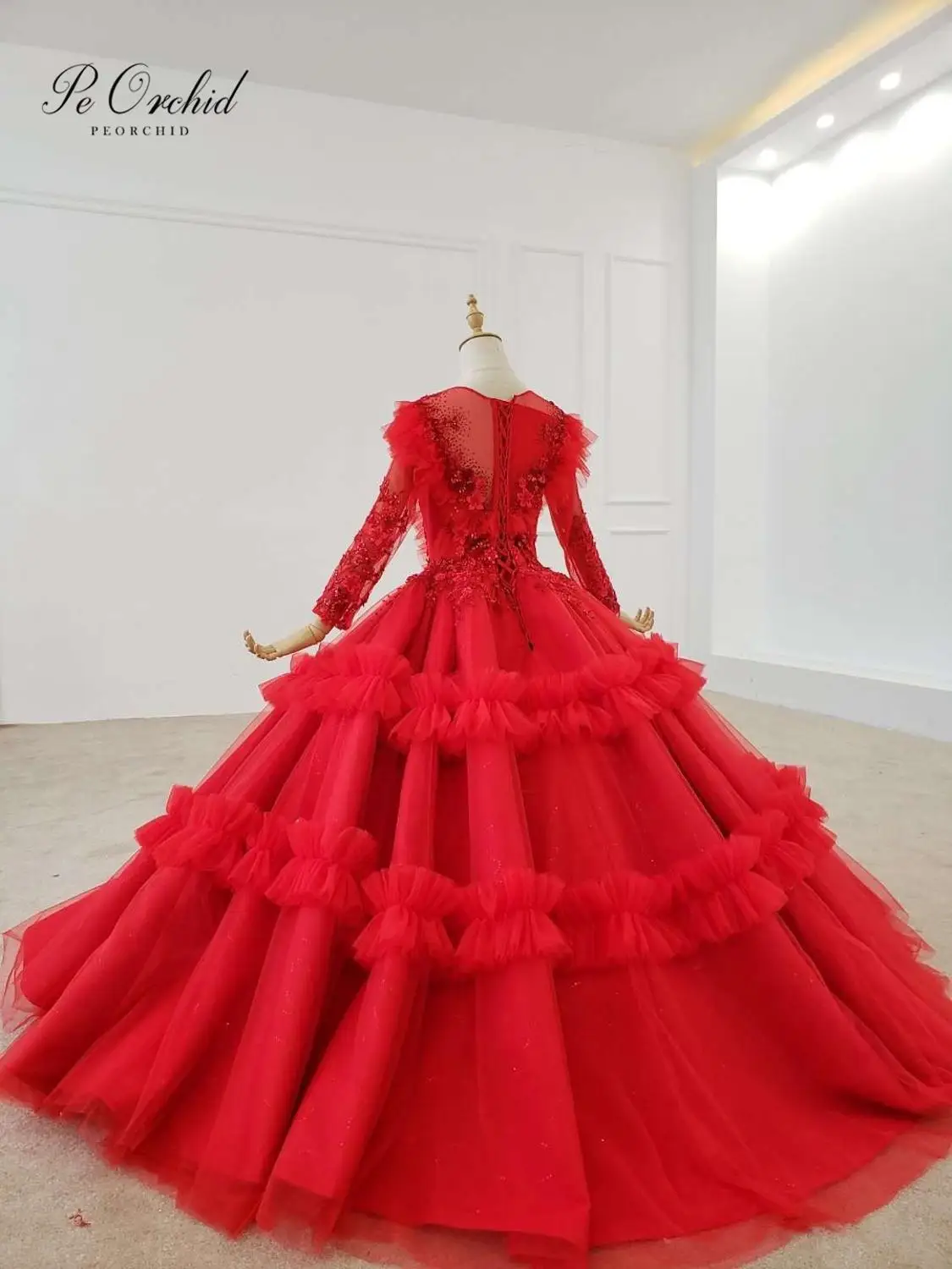 PEORCHID Red Ball Gown Bridal Dress Long Sleeve 2020 Vestidos Casamento Princess African Beaded flower floral Wedding Dress