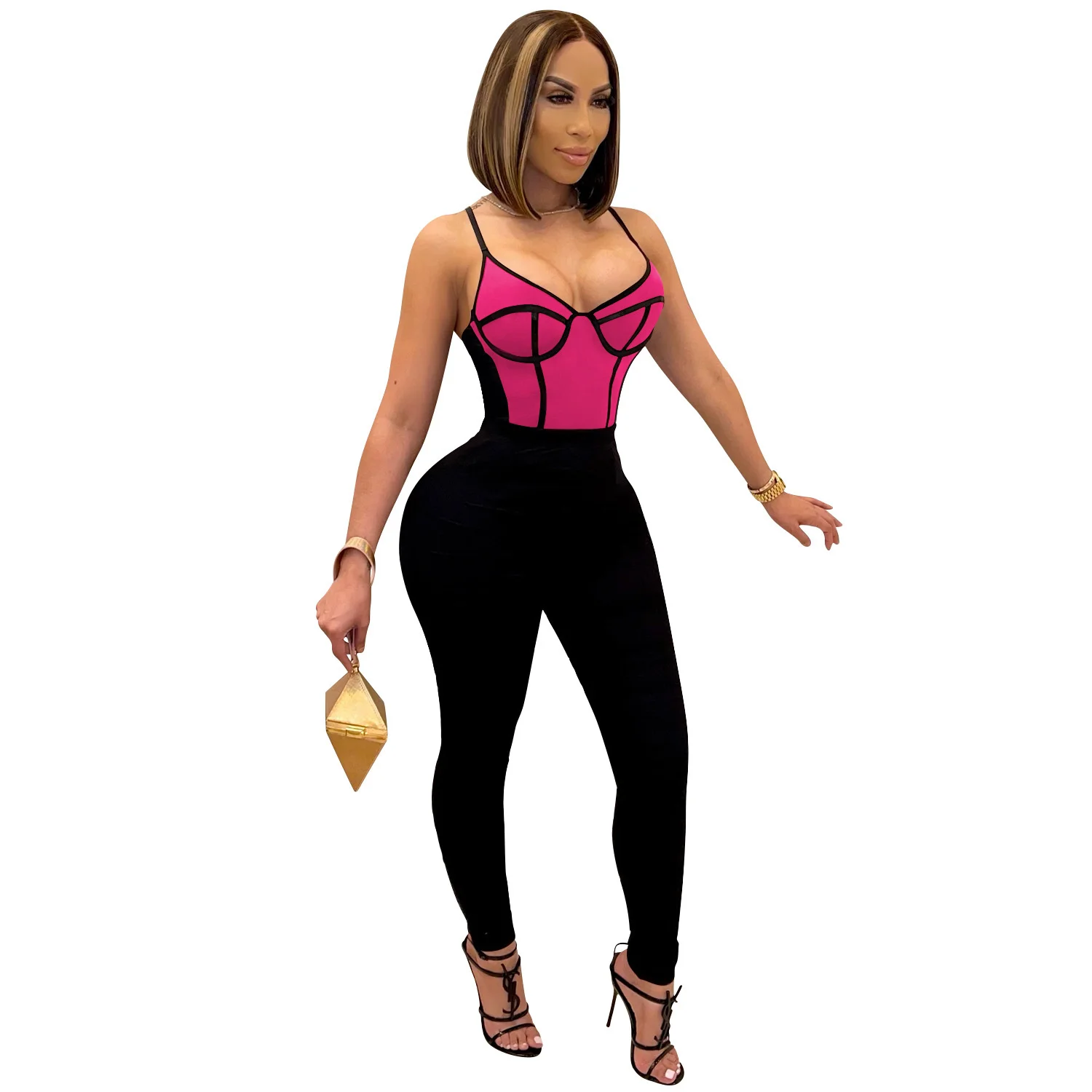 

Summer Women Jumpsuit Girls Sexy Straps High Street One Piece Outfits Sleeveless Fashion Patchwork Color Romper Jumpsuit