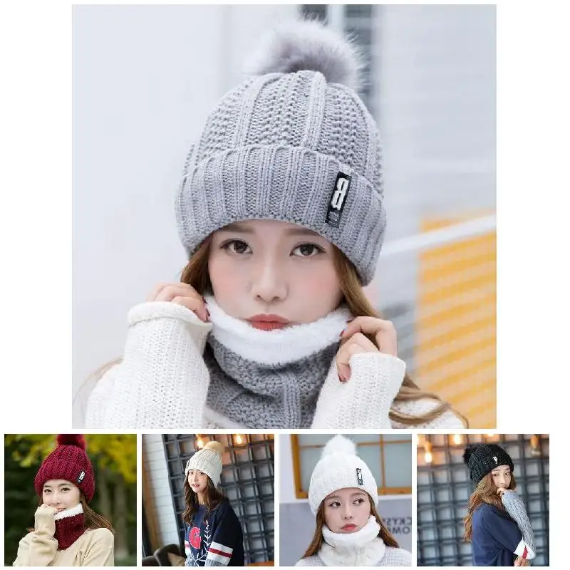 

Women Winter Knitted Thickened Beanie Cap Scarf Bonnet Warm Hairball Baggy Winter Hat NIN668