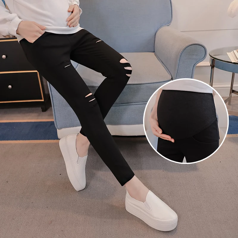 Maternity Ripped Pants Summer Support Abdomen High Waist Elastic Waist Belly Pregnant Women Support Pant Pregnancy Work Trousers