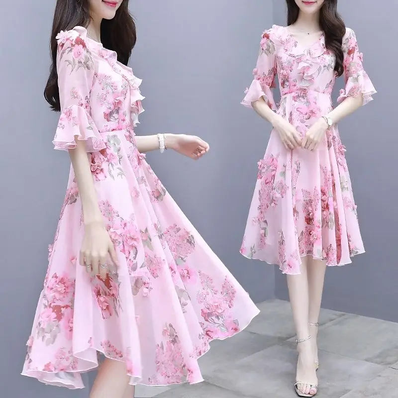 Женское шифоновое платье с цветочным принтом плиссированное коротким рукавом