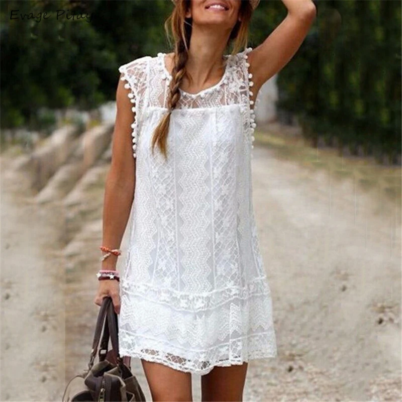 Летнее платье 2018 женское повседневное пляжное короткое с кисточками черно белое