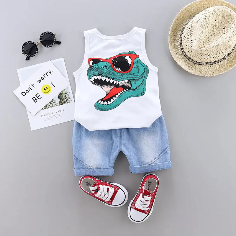 2 шт./компл. детский хлопковый спортивный костюм с мультяшным динозавром - купить