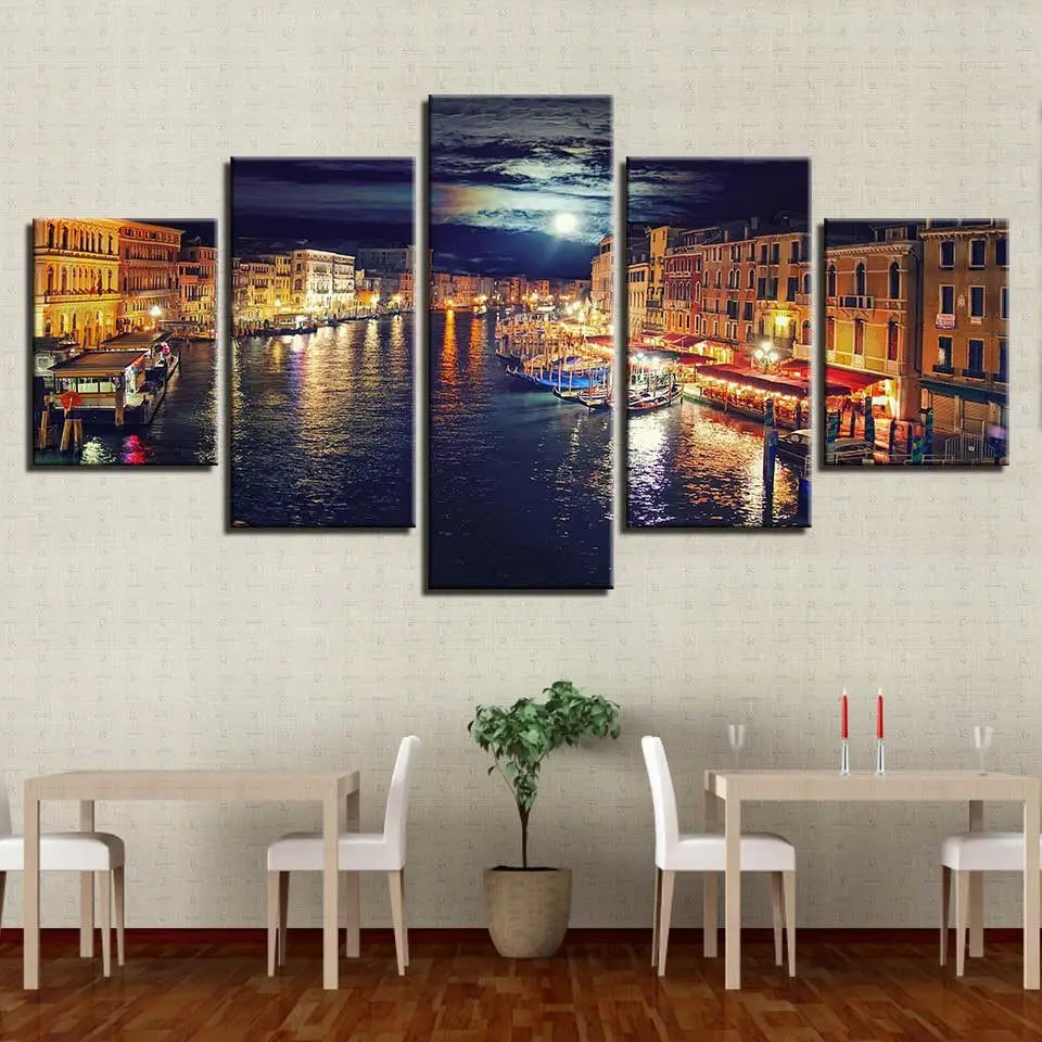 

No Framed 5 pieces Grand Canal At Night View Home Decor Modular Pictures Modern Canvas Paintings Printed Posters Wall Art