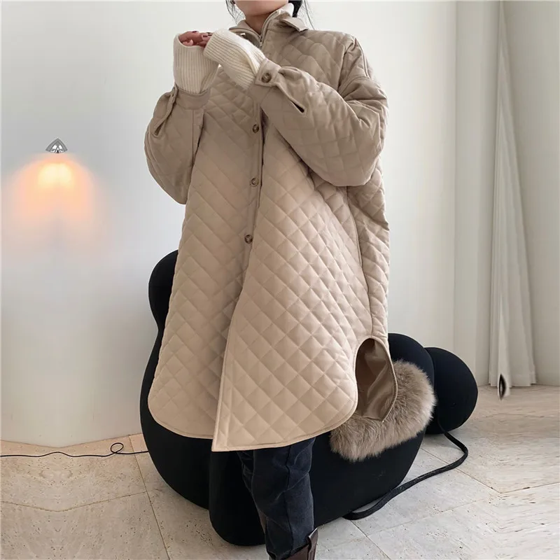 

2021 Winter Parka Thick Fashionable Silhouette Argyle Shirt Quilted Cotton Coat Female Oversize Thin Long Warm Jacket Women