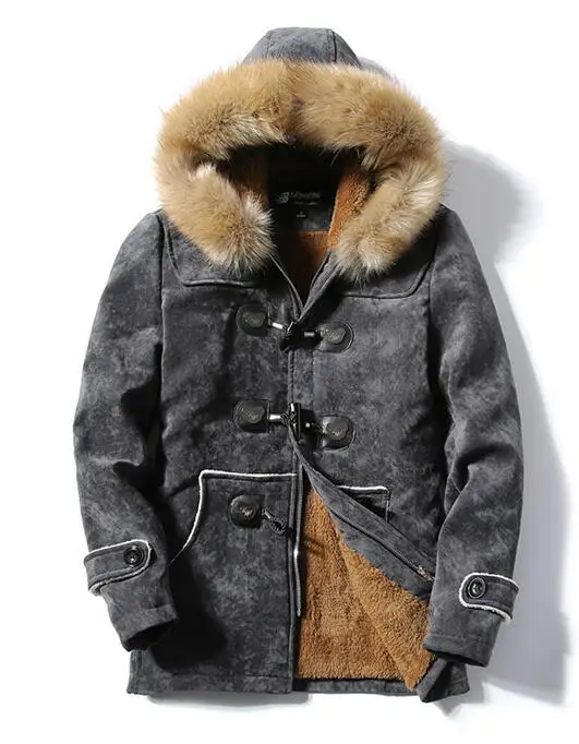 Fall/winter Fur Collar Horns Buckle Deer Velvet Leather Cotton-Padded Jacket Men's Mid-length Slim Thick Warmth Outwear