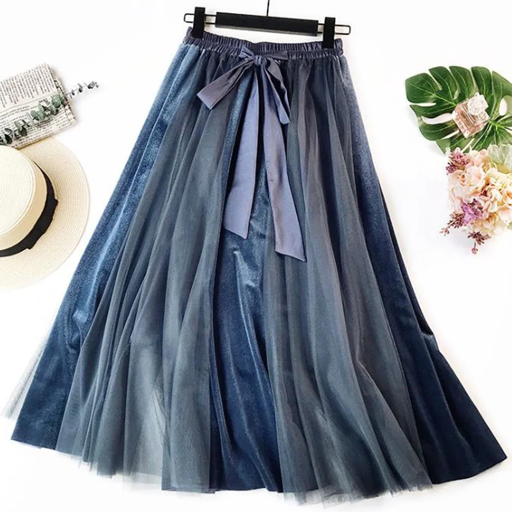 Длинная бархатная фатиновая юбка для женщин Корейская эластичная пышная