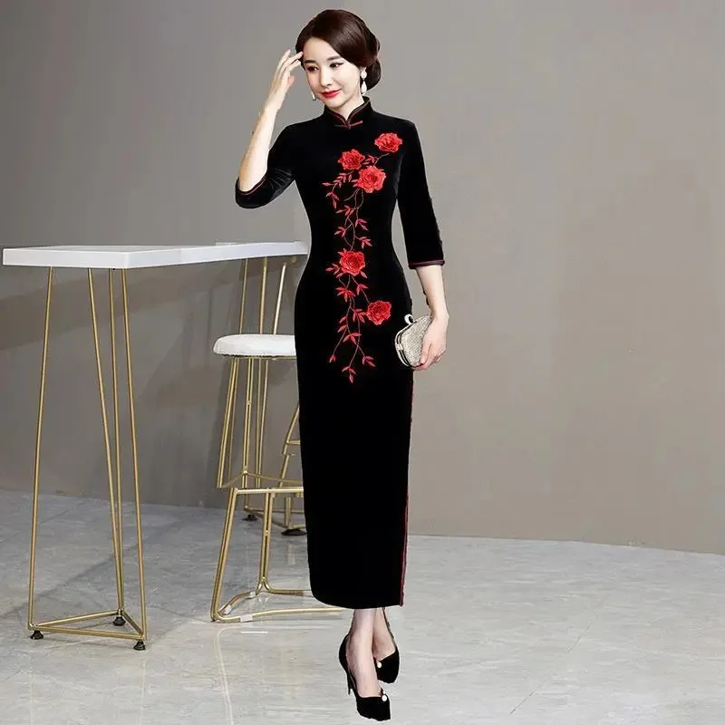 

2023 Spring Summer Embroidery Floral Velet Women Elegant Three Quarter Party Full LongDress Ankle Length Chinese Plus Size M-4XL