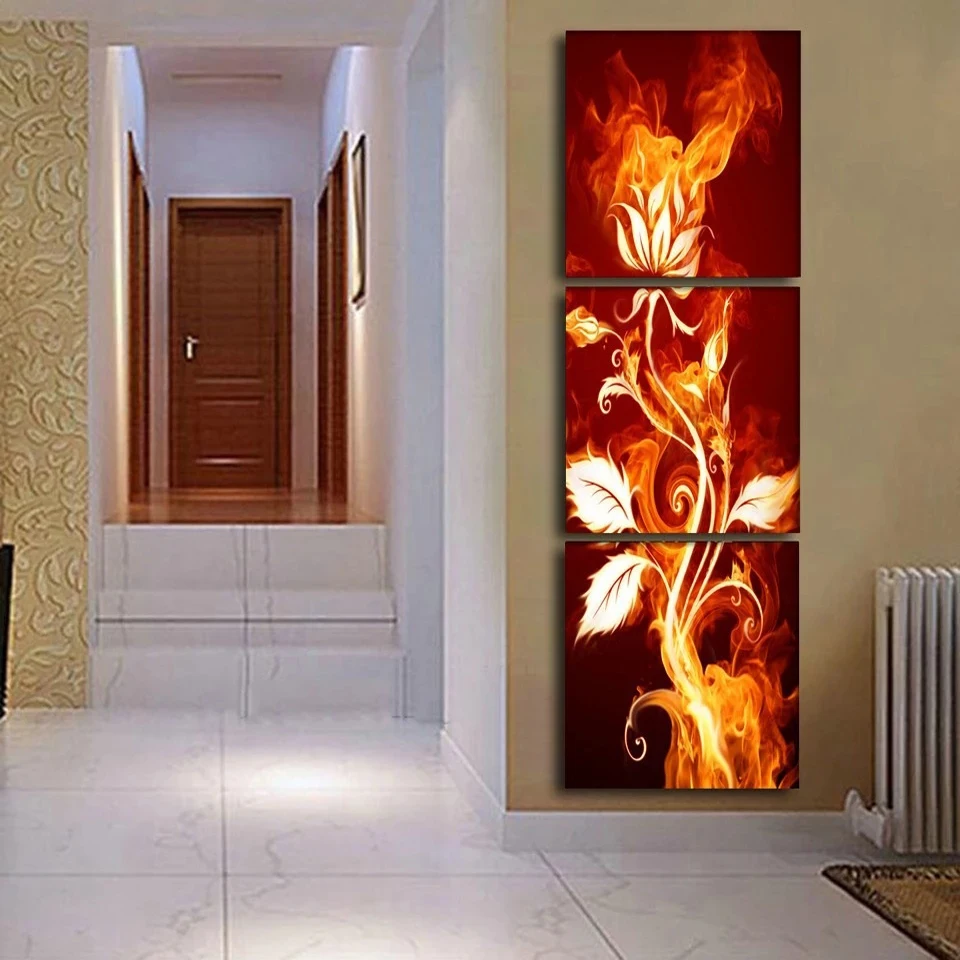 Pintura de diamante 5d Diy, mosaico abstracto, Tr&iacute;ptico, Flor de Fuego, bordado de diamantes completo, mosaico de diamantes de arte, decoraci&oacute;n del hogar-1