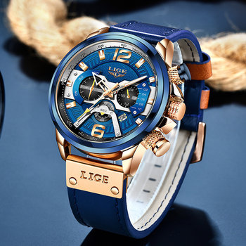 2022 LIGE Men Watches Top Brand Luxury Blue Leather Chronograph Sport Watch For Men Fashion Date Waterproof Clock Reloj Hombre-36768