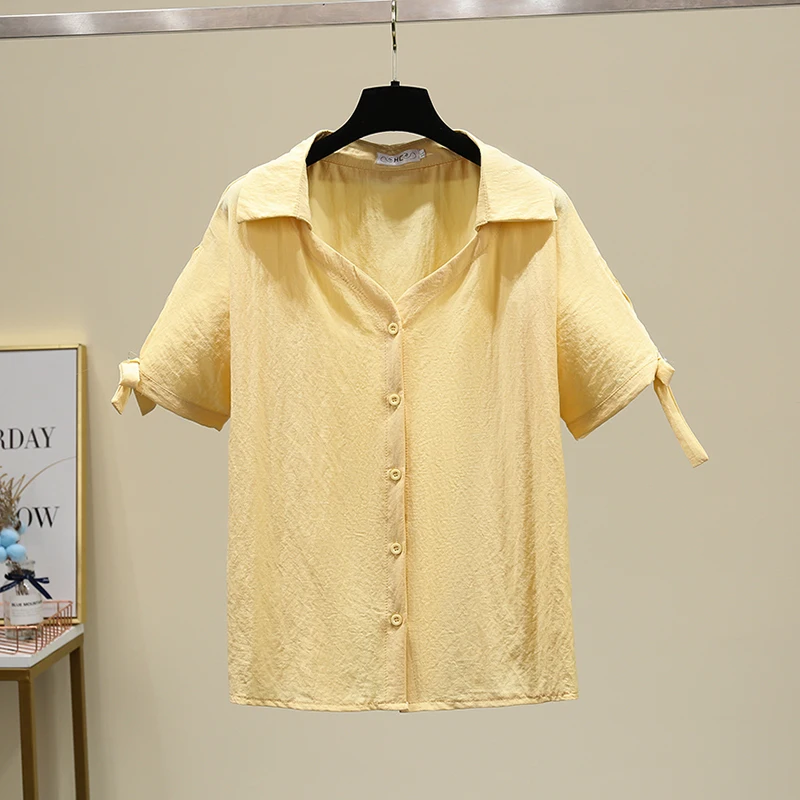 

2021 Summer Women Korean Style Blouse Yellow/White Shirt Short Sleeves Bow Lace Up Single Breasted Shirts Womens Casual Tops
