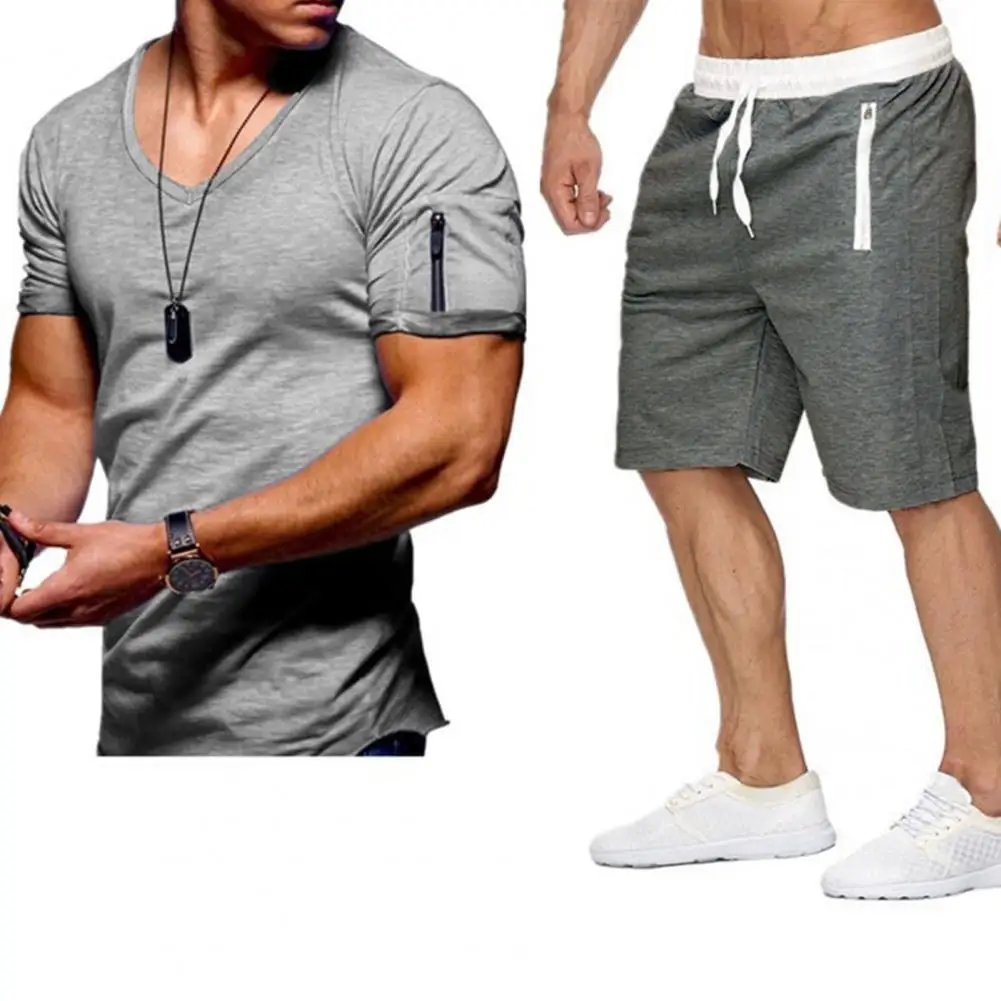 

2021 Summer Male Tracksuit Solid Color V Neck Men Short Sleeve T-shirt Drawstring Shorts Sports Sweatsuit Outfit