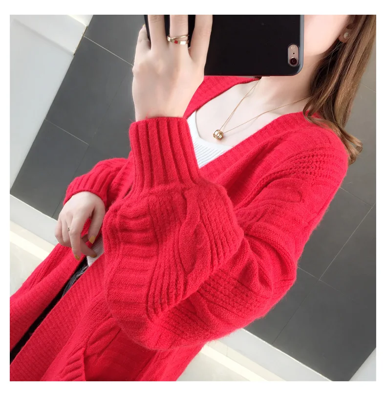 

Mid-length Sweater Cardigan Women's Spring Retro Lantern Sleeves Twist Sweateres Coat Loose Pockets V-neck Lazy Sweater New Z236