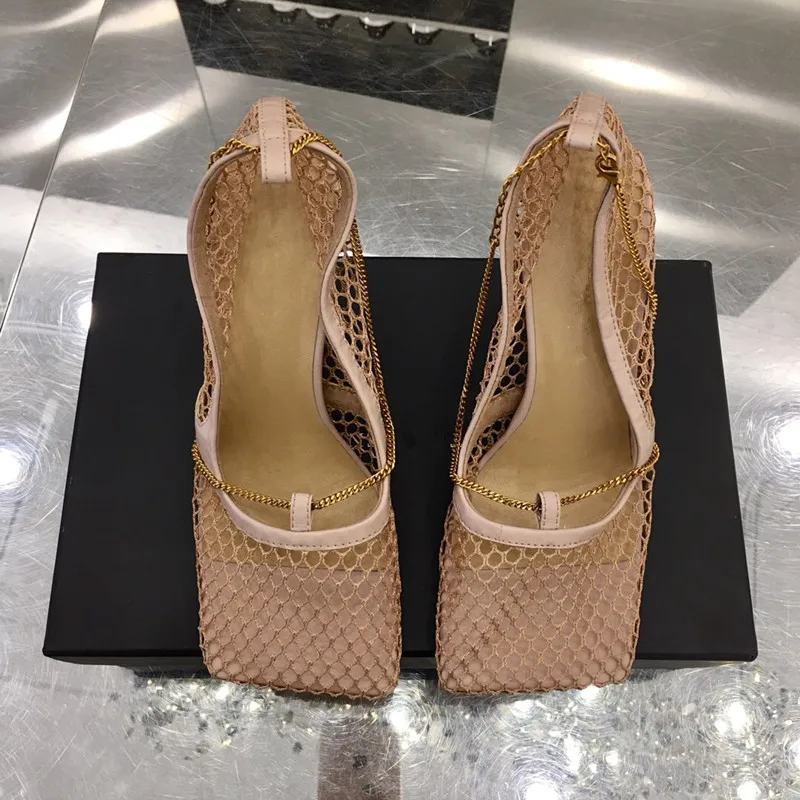 Hot Sale Shoes Woman Sandals Square Toe Metal Chain High Heels Designer Zapatos De Mujer | Обувь