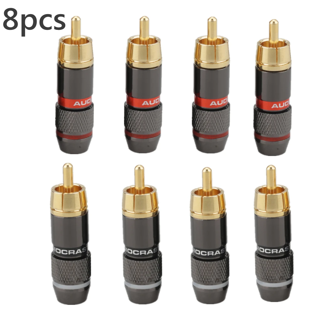 

Hifi 8Pcs RCA Plug Gold Plated 6mm Male Double Self-Locking Lotus Wire Connectors Audio Adapter