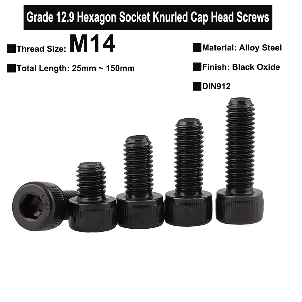 

2Pcs/1Pc M14 Grade 12.9 Alloy Steel Hexagon Socket Knurled Cap Head Screws DIN912 Thread Length 25mm ~ 150mm