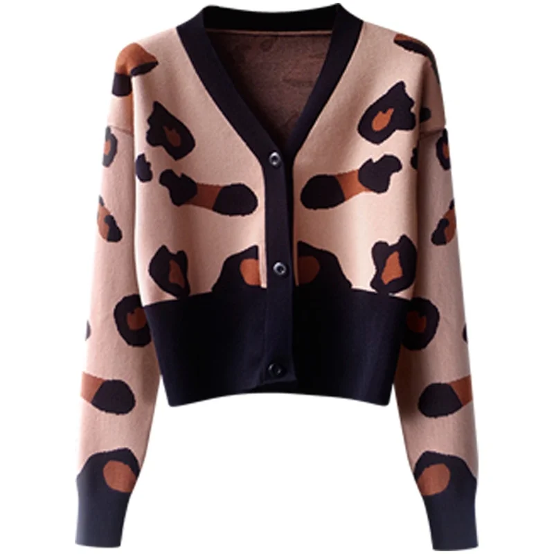 

2020 Retro Ins Leopard Print Foreign Style T-Shirt V-Neck Cardigan Women's Autumn Winter Slim Fit Short High Waist