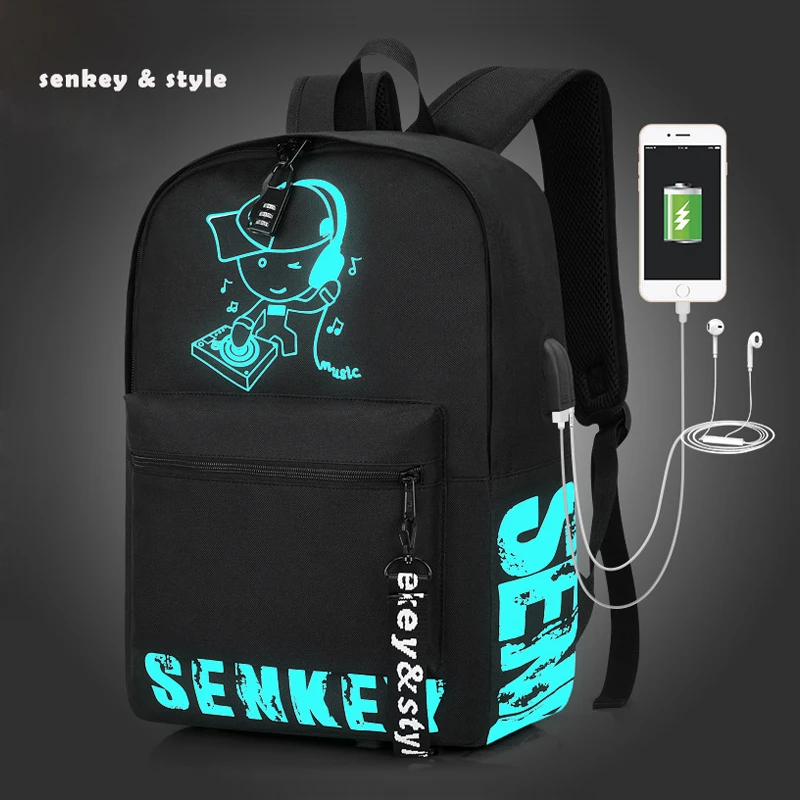 Senkey& style студенческий рюкзак со светящимся рисунком на тему аниме USB зарядка для ноутбука рюкзак для подростка Противоугонная школьная сумка для мальчиков