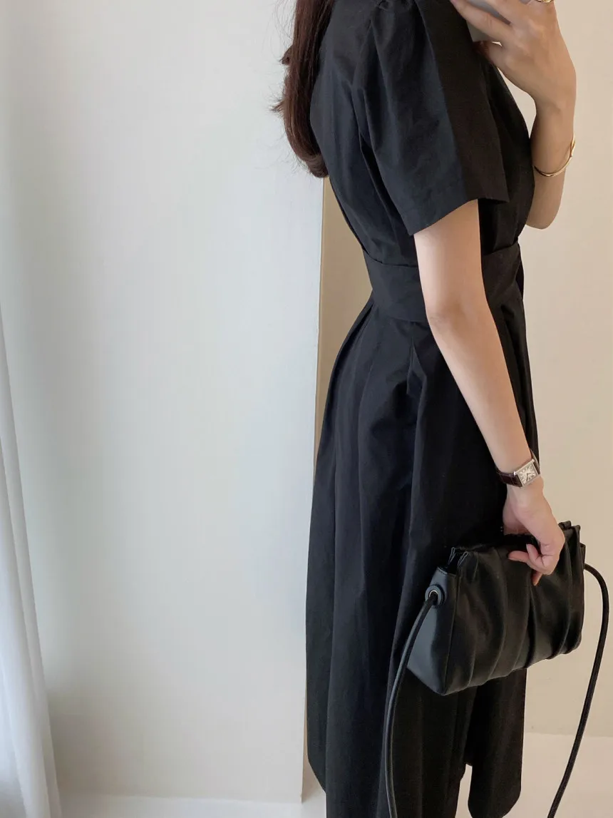 

Korejpaa Women Dress 2021 Summer Korean Chic Female Minimalist Round Neck Pleated Waist Solid Color Slim Puff Sleeve Vestidos