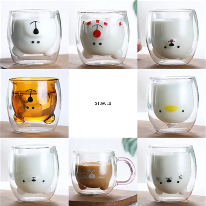 

Glass Mugs Double Wall Glass Mug, Bear Cat Dog Animal Double-layer Glass Mug Coffee Cup, Christmas Mug Gift ,Cute Milk Cup